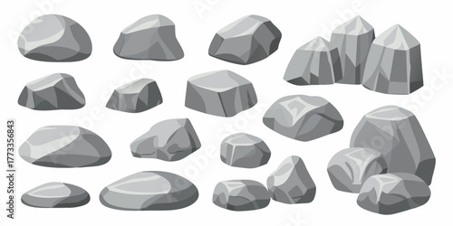 Collection of diverse gray stones and rocks in various shapes and sizes on a white background