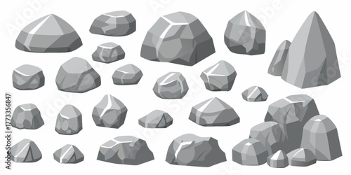 Collection of various gray rocks and stones in different shapes and sizes isolated on white background