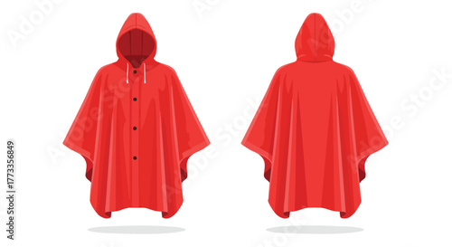 Bright Red Rain Poncho Vector Illustration: Front and Back Views for Protection Against the Elements