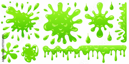 Collection of bright green slime splashes and drips in various shapes and sizes