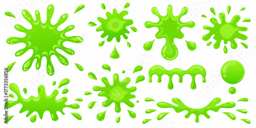 Collection of bright green slime splatters and drips in various shapes and sizes