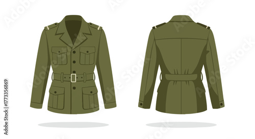 Illustration of a green military-style jacket, showcasing both the front and back designs on a clean white backdrop
