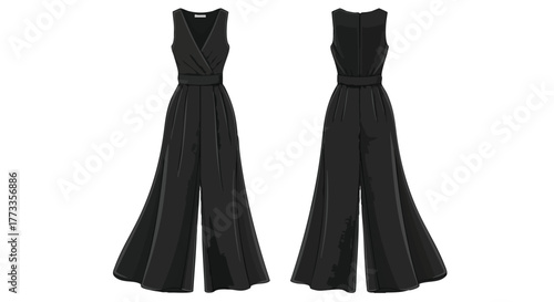 Elegant black sleeveless jumpsuit design presenting a classic silhouette with wide-leg pants and a belted waist detail
