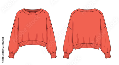 Stylized orange oversized sweatshirt design, front and back view for fashion template concept for apparel design with long sleeves and fitted cuffs