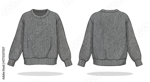 Illustration of a ribbed gray sweater showcasing the front and back designs for garment industry product promotion in a minimalist style