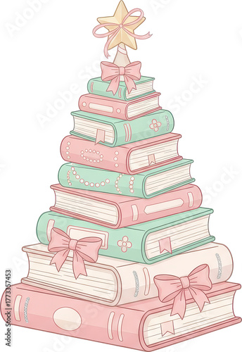 Stacked book Christmas tree with pink bows and star