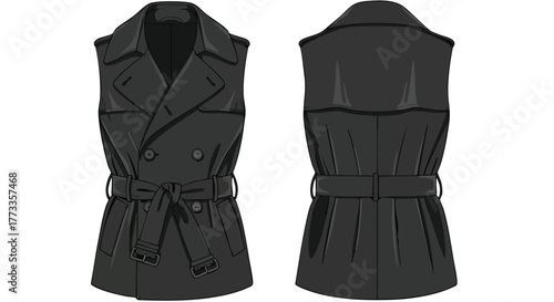 Stylized Front and Back View of a Dark Sleeveless Trench Coat with Belt and Double Breasted Buttons Design