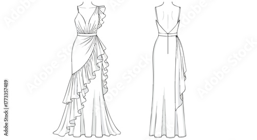 Sketch of elegant evening gown with asymmetrical ruffles showing front and back views detailed design blueprint for design