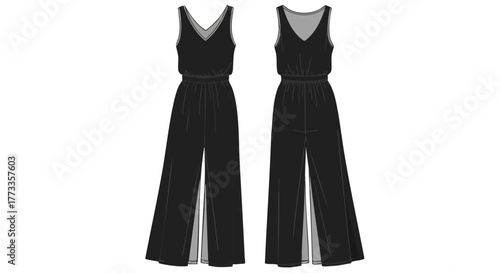 Black V-Neck Split-Leg Jumpsuit Technical Flat Fashion Sketch for Designers and Apparel Manufacturing showcasing front and back design detail
