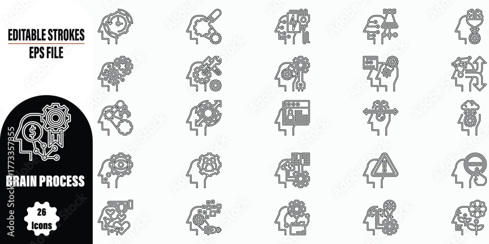 Fototapeta premium An extensive pack of 26 editable EPS line art icons illustrating various aspects of brain processes, perfect for psychology, education, and artificial intelligence themed designs