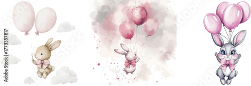 A watercolor illustration portrays a baby rabbit floating with balloons, stars, and butterflies through the air