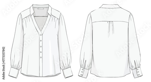 Elegant white blouse technical sketch showcasing front and back details for fashion design and apparel production planning