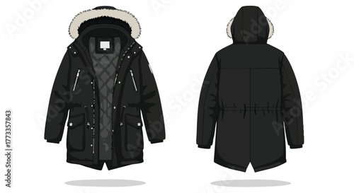 Detailed vector illustration showcases a stylish black winter parka from both the front and back providing a full view of its design and features
