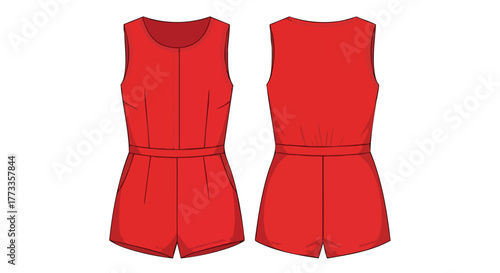 Vibrant Red Romper Technical Drawing Displaying Front and Back Views for Fashion Design Inspiration