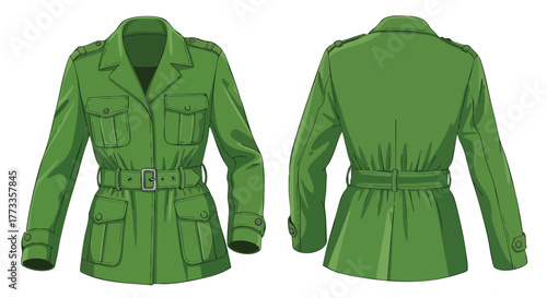 Stylish green military jacket illustration showcasing front and back design details on a plain background with a belted waistline design feature