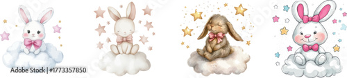 In this watercolor scene, a baby rabbit is seated on a cloud, accompanied by a celestial display of stars