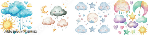 Cute cloud watercolor doodles, complete with an umbrella and sun, are included in the set