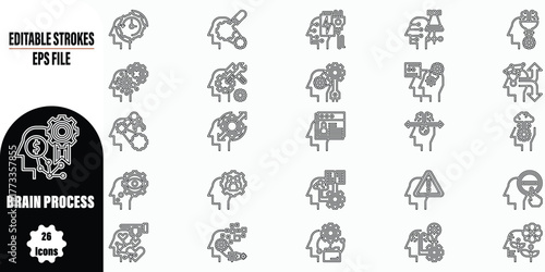 An extensive pack of 26 editable EPS line art icons illustrating various aspects of brain processes, perfect for psychology, education, and artificial intelligence themed designs