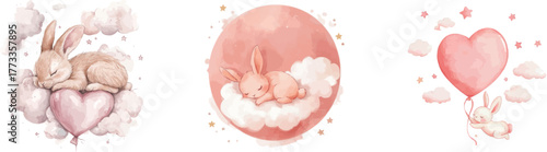 A watercolor illustration shows a baby rabbit asleep on a balloon, surrounded by a scene of stars and butterflies