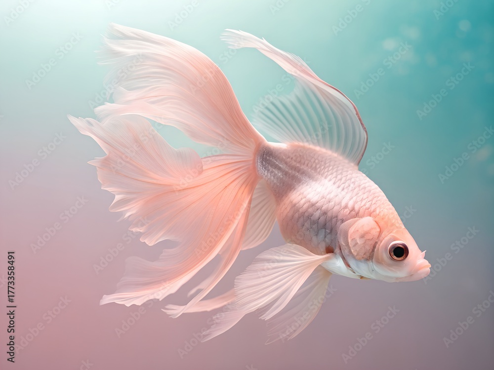 Fototapeta premium Elegant white and pink betta fish swimming in softly lit water