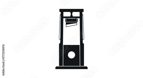A stark black silhouette of a historical guillotine execution device standing tall against a white background silhouette