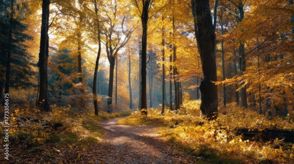 Obraz premium A winding path through dense peaceful woodland, flanked by vibrant autumn leaves in golden yellow, orange red,