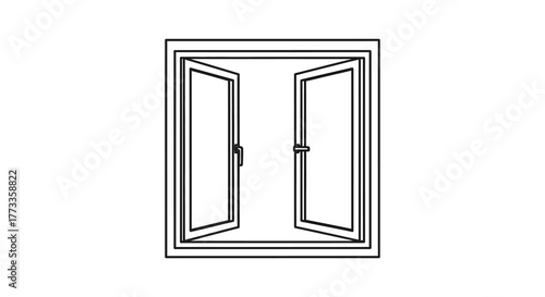 Open double casement window frame with clear glass panes in a minimalist line art silhouette