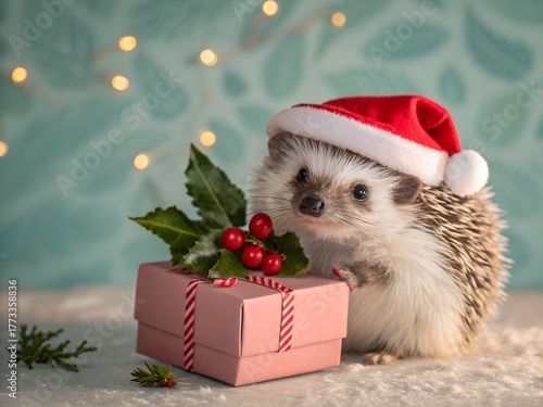 Cute hedgehog wearing a santa hat with a christmas gift