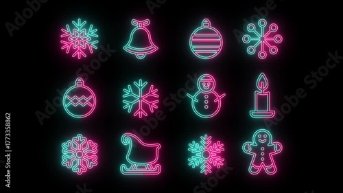 4K Dual Color Neon Christmas Icons Pack Animation with Pink and Cyan Glow on Black Background Loop.