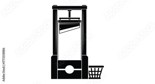 A stark black silhouette of a guillotine with a basket for its grim purpose