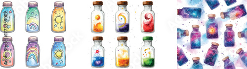 This set consists of watercolor illustrations of a star, moon, rainbow, and cloud all housed in a glass bottle