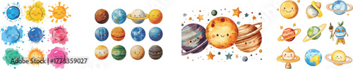 Illustrations of celestial bodies, including the Sun, Earth, planets, and stars, in watercolor