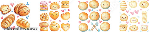 Watercolor artwork set showcasing kawaii characters in the form of bread