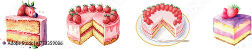 Illustrations of strawberry cake and dessert created using the watercolor technique in a single set