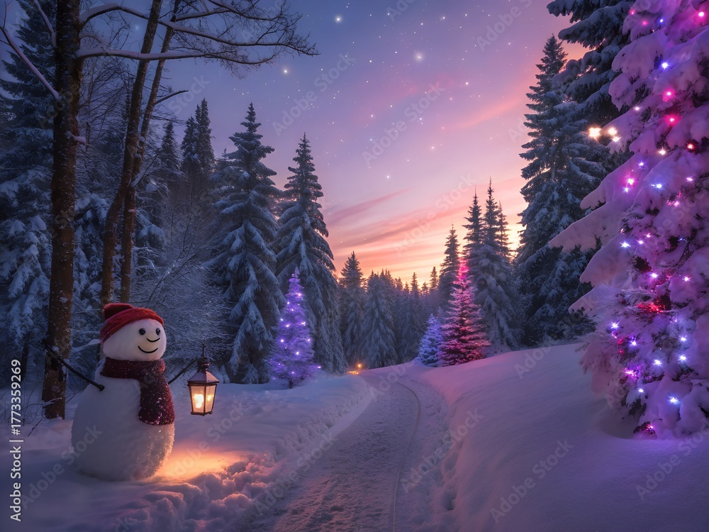 Fototapeta premium Magical snowy forest path with a snowman and twinkling christmas lights