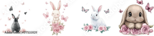 Cute rabbit surrounded by flowers and butterflies, illustrated in a beautiful watercolor design