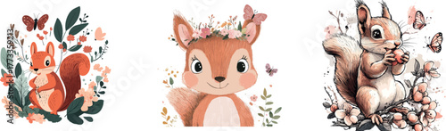 Cute squirrel with flowers and butterflies is the subject of a beautiful watercolor illustration