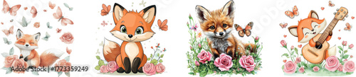 Cute fox surrounded by flowers and butterflies in a beautiful watercolor illustration
