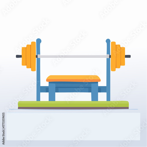 Cartoon Bench Press with Orange Weights and Blue Frame Illustration.