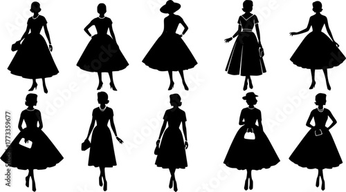 silhouettes of women in dresses, retro fashion, various poses, vector  
