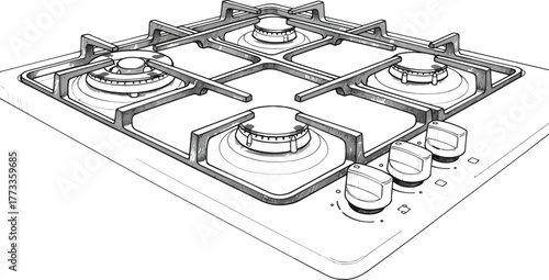 Kitchen cooktop with burners and knobs, hand drawn illustration