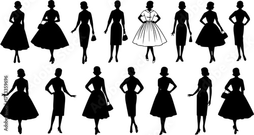 silhouettes of women in dresses, retro fashion, various poses, vector  