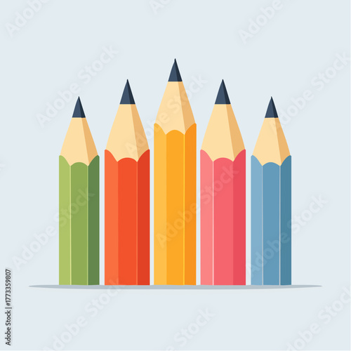 Five Colorful Pencils with Sharp Tips in a Row Vector Illustration.