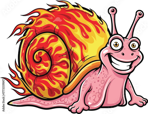 Cartoon snail with a fiery shell, speeding along, smiling