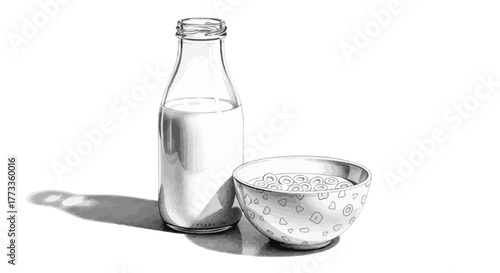 Milk bottle, and cereal bowl, breakfast food
