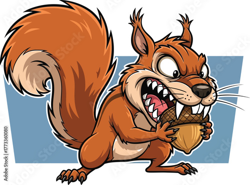 Cartoon angry squirrel with acorn, funny forest animal character