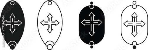 Four oval shaped religious symbols featuring a cross design in black and white outline styles