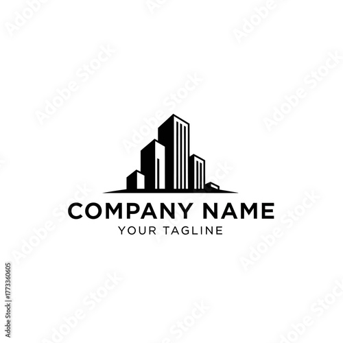 Modern city skyline logo with tall skyscraper buildings for corporate branding.