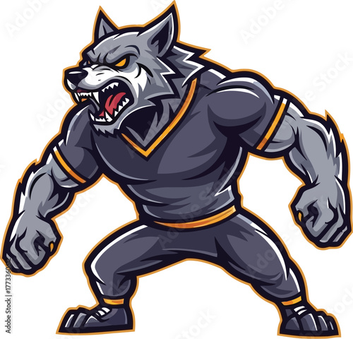 Gray muscular wolf mascot, aggressive stance, esports team emblem