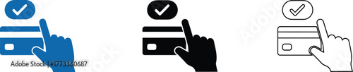 Icon set showing a hand holding a credit card with a checkmark for payment confirmation and approval